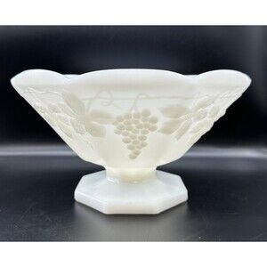 Vintage Milk Glass Centerpiece Serving Bowl with Grape Pattern.